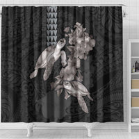 Hawaiian Turtle Love Couple Shower Curtain - Sweet Hibiscus and Kakau Pattern Grayscale Color