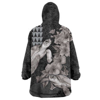 Hawaiian Turtle Love Couple Wearable Blanket Hoodie - Sweet Hibiscus and Kakau Pattern Grayscale Color