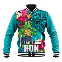 Hawaii Great Aloha Run 40th Anniversary Baseball Jacket With Turtle Mascot Marathon Hibiscus and Kakau LT03 Unisex Turquoise - Polynesian Pride