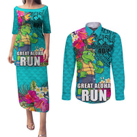 Hawaii Great Aloha Run 40th Anniversary Couples Matching Puletasi and Long Sleeve Button Shirt With Turtle Mascot Marathon Hibiscus and Kakau LT03 Turquoise - Polynesian Pride