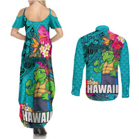 Hawaii Great Aloha Run 40th Anniversary Couples Matching Summer Maxi Dress and Long Sleeve Button Shirt With Turtle Mascot Marathon Hibiscus and Kakau LT03 - Polynesian Pride