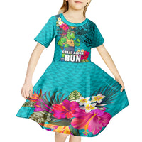 Hawaii Great Aloha Run 40th Anniversary Kid Short Sleeve Dress With Turtle Mascot Marathon Hibiscus and Kakau LT03 - Polynesian Pride