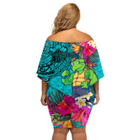 Hawaii Great Aloha Run 40th Anniversary Off Shoulder Short Dress With Turtle Mascot Marathon Hibiscus and Kakau LT03 - Polynesian Pride
