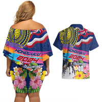 Hawaii Great Aloha Run 40th Anniversary Couples Matching Off Shoulder Short Dress and Hawaiian Shirt Hibiscus and Kakau Pattern LT03 - Polynesian Pride