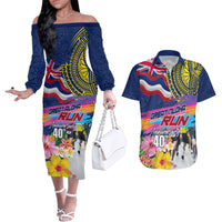 Hawaii Great Aloha Run 40th Anniversary Couples Matching Off The Shoulder Long Sleeve Dress and Hawaiian Shirt Hibiscus and Kakau Pattern LT03 Blue - Polynesian Pride