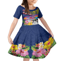 Hawaii Great Aloha Run 40th Anniversary Kid Short Sleeve Dress Hibiscus and Kakau Pattern LT03 KID Blue - Polynesian Pride