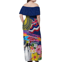 Hawaii Great Aloha Run 40th Anniversary Off Shoulder Maxi Dress Hibiscus and Kakau Pattern LT03 - Polynesian Pride