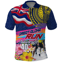 Hawaii Great Aloha Run 40th Anniversary Polo Shirt Hibiscus and Kakau Pattern LT03 Blue - Polynesian Pride