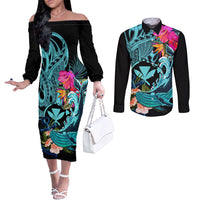 Hawaii Couples Matching Off The Shoulder Long Sleeve Dress and Long Sleeve Button Shirt Whale Mix Hibiscus and Kanaka Maoli LT03 Black - Polynesian Pride