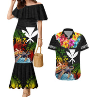 Hawaii Lei Day Couples Matching Mermaid Dress and Hawaiian Shirt Hibiscus Wreath and Polynesian Pattern LT03 Black - Polynesian Pride
