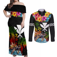 Hawaii Lei Day Couples Matching Off Shoulder Maxi Dress and Long Sleeve Button Shirt Hibiscus Wreath and Polynesian Pattern LT03 Black - Polynesian Pride