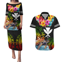 Hawaii Lei Day Couples Matching Puletasi and Hawaiian Shirt Hibiscus Wreath and Polynesian Pattern LT03 Black - Polynesian Pride