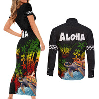 Hawaii Lei Day Couples Matching Short Sleeve Bodycon Dress and Long Sleeve Button Shirt Hibiscus Wreath and Polynesian Pattern LT03 - Polynesian Pride