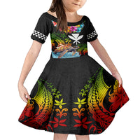 Hawaii Lei Day Family Matching Puletasi and Hawaiian Shirt Hibiscus Wreath and Polynesian Pattern LT03 Daughter's Dress Black - Polynesian Pride