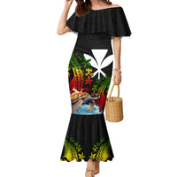 Hawaii Lei Day Mermaid Dress Hibiscus Wreath and Polynesian Pattern LT03 Women Black - Polynesian Pride