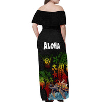 Hawaii Lei Day Off Shoulder Maxi Dress Hibiscus Wreath and Polynesian Pattern LT03 - Polynesian Pride