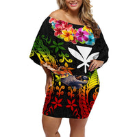 Hawaii Lei Day Off Shoulder Short Dress Hibiscus Wreath and Polynesian Pattern LT03 Women Black - Polynesian Pride