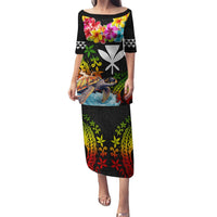 Hawaii Lei Day Puletasi Hibiscus Wreath and Polynesian Pattern LT03 Long Dress Black - Polynesian Pride