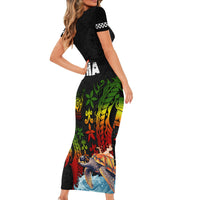 Hawaii Lei Day Short Sleeve Bodycon Dress Hibiscus Wreath and Polynesian Pattern