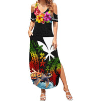 Hawaii Lei Day Summer Maxi Dress Hibiscus Wreath and Polynesian Pattern LT03 Women Black - Polynesian Pride