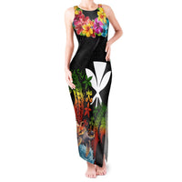 Hawaii Lei Day Tank Maxi Dress Hibiscus Wreath and Polynesian Pattern LT03 Women Black - Polynesian Pride