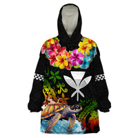 Hawaii Lei Day Wearable Blanket Hoodie Hibiscus Wreath and Polynesian Pattern LT03 One Size Black - Polynesian Pride