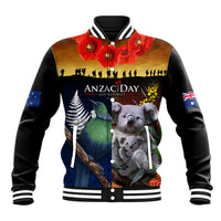 Australia and New Zealand ANZAC Day Baseball Jacket Tui Bird and Koala mix Maori and Aboriginal Pattern LT03 Unisex Black - Polynesian Pride