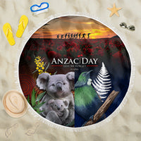 Australia and New Zealand ANZAC Day Beach Blanket Tui Bird and Koala mix Maori and Aboriginal Pattern LT03 One Size 150cm Black - Polynesian Pride