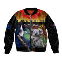 Australia and New Zealand ANZAC Day Sleeve Zip Bomber Jacket Tui Bird and Koala mix Maori and Aboriginal Pattern LT03 Unisex Black - Polynesian Pride