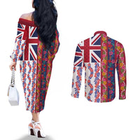 Hawaiian Lei Couples Matching Off The Shoulder Long Sleeve Dress and Long Sleeve Button Shirt National Flag Striped Style LT03 - Polynesian Pride