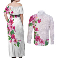 Hawaiian Hibiscus and Art Polynesian Tattoo Couples Matching Off Shoulder Maxi Dress and Long Sleeve Button Shirt White Color LT03 - Polynesian Pride