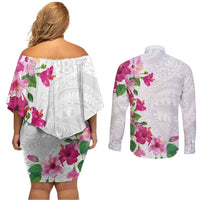 Hawaiian Hibiscus and Art Polynesian Tattoo Couples Matching Off Shoulder Short Dress and Long Sleeve Button Shirt White Color LT03 - Polynesian Pride