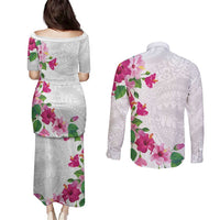 Hawaiian Hibiscus and Art Polynesian Tattoo Couples Matching Puletasi and Long Sleeve Button Shirt White Color LT03 - Polynesian Pride