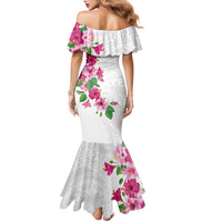 Hawaiian Hibiscus and Art Polynesian Tattoo Family Matching Mermaid Dress and Hawaiian Shirt White Color