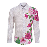 Hawaiian Hibiscus and Art Polynesian Tattoo Long Sleeve Button Shirt White Color LT03 Unisex White - Polynesian Pride
