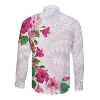 Hawaiian Hibiscus and Art Polynesian Tattoo Long Sleeve Button Shirt White Color LT03 - Polynesian Pride