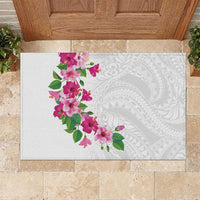 Hawaiian Hibiscus and Art Polynesian Tattoo Rubber Doormat White Color LT03 White - Polynesian Pride