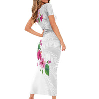 Hawaiian Hibiscus and Art Polynesian Tattoo Short Sleeve Bodycon Dress White Color