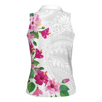 Hawaiian Hibiscus and Art Polynesian Tattoo Women Sleeveless Polo Shirt White Color