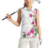 Hawaiian Hibiscus and Art Polynesian Tattoo Women Sleeveless Polo Shirt White Color