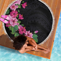 Hawaiian Hibiscus and Art Polynesian Tattoo Beach Blanket Black Color LT03 - Polynesian Pride