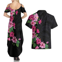Hawaiian Hibiscus and Art Polynesian Tattoo Couples Matching Summer Maxi Dress and Hawaiian Shirt Black Color LT03 - Polynesian Pride