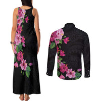 Hawaiian Hibiscus and Art Polynesian Tattoo Couples Matching Tank Maxi Dress and Long Sleeve Button Shirt Black Color LT03 - Polynesian Pride