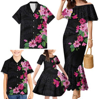 Hawaiian Hibiscus and Art Polynesian Tattoo Family Matching Mermaid Dress and Hawaiian Shirt Black Color