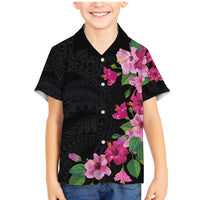 Hawaiian Hibiscus and Art Polynesian Tattoo Family Matching Mermaid Dress and Hawaiian Shirt Black Color