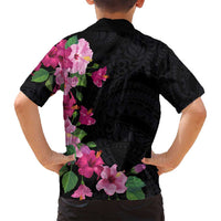 Hawaiian Hibiscus and Art Polynesian Tattoo Family Matching Off Shoulder Short Dress and Hawaiian Shirt Black Color