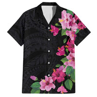 Hawaiian Hibiscus and Art Polynesian Tattoo Family Matching Off Shoulder Short Dress and Hawaiian Shirt Black Color
