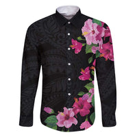 Hawaiian Hibiscus and Art Polynesian Tattoo Family Matching Off Shoulder Short Dress and Hawaiian Shirt Black Color