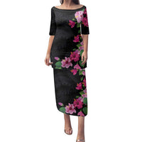 Hawaiian Hibiscus and Art Polynesian Tattoo Family Matching Puletasi and Hawaiian Shirt Black Color