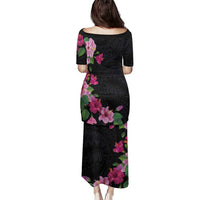 Hawaiian Hibiscus and Art Polynesian Tattoo Family Matching Puletasi and Hawaiian Shirt Black Color